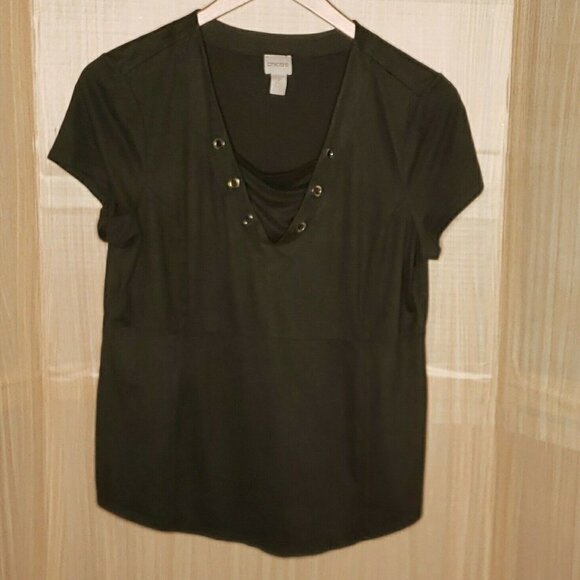 Chico's Womens Green Suede Feel Short Sleeve Top Medium - Picture 1 of 6